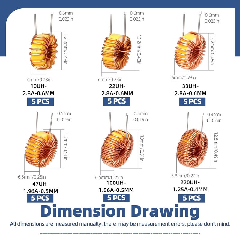 Glarks 30pcs 6 Sizes Toroid Core Inductor Kit, 10UH-2.8A 22UH-2.8A 33UH-2.8A 47UH-1.96A 100UH-1.96A 220UH-1.25A Inductance Copper Coil, Toroid Magnetic Inductor for Transformers DIY Circuit Board - Image 2
